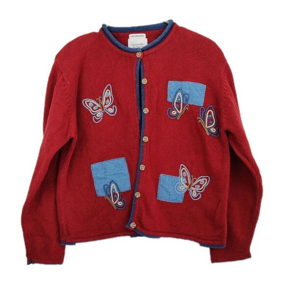 Christopher & Banks Sweaters - Christopher &‎ Banks Hand Embroidered Cardigan, women's L, dark red, butterflies